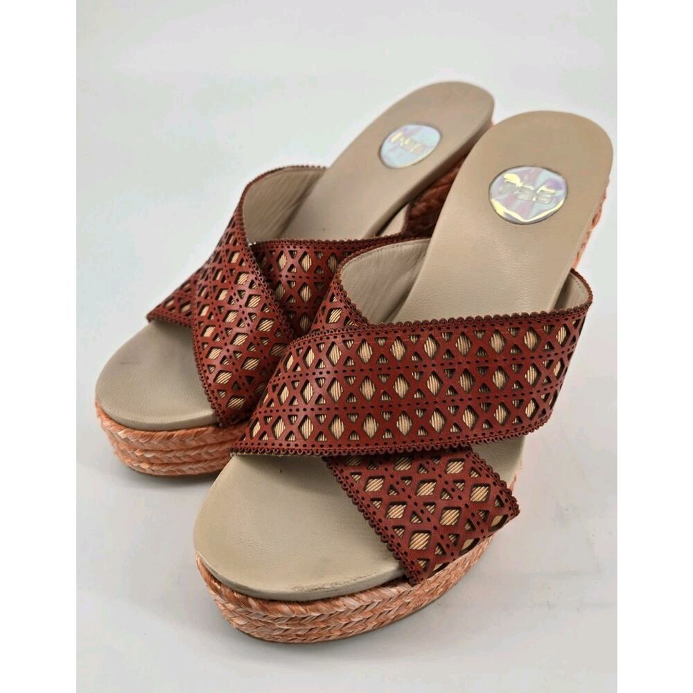 RAS Laser Cut Leather Slip On Espadrille Platform Wedge Heel Shoe Sz 37 US 7